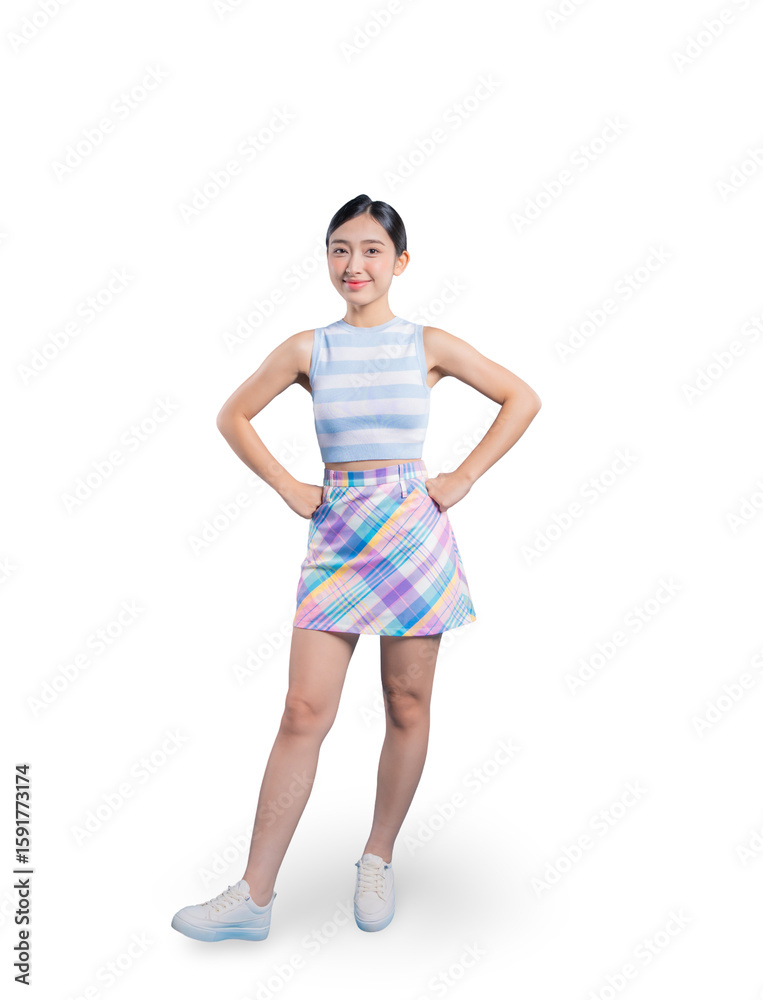 Fototapeta premium A confident and happy young Asian woman posing with her hands on her hips, smiling warmly at the camera.on png 