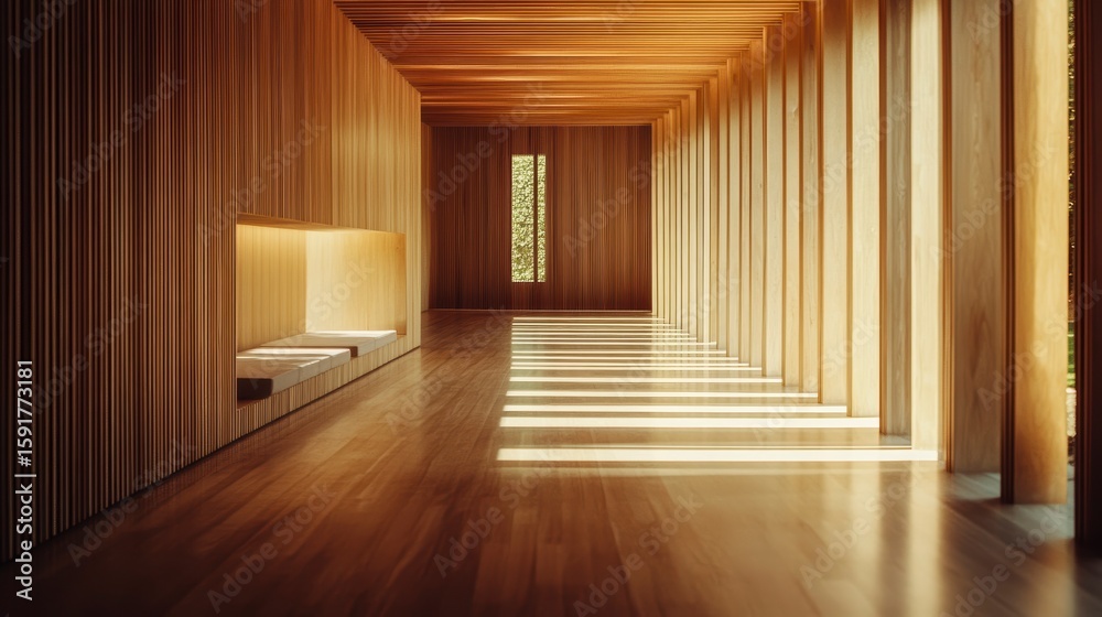 Fototapeta premium Sunlit wooden corridor with built-in seating and vertical slats.