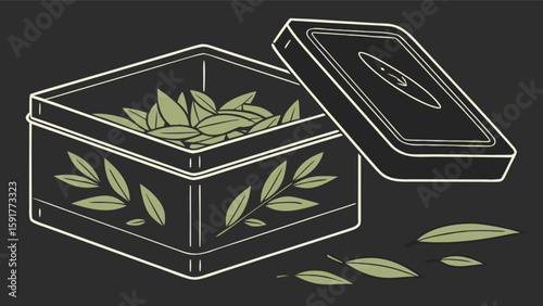 Open tin box filled with green leaves and decorated with leaf pattern on a dark background scene
