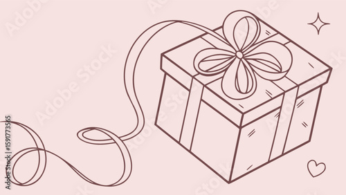 Illustration of a gift box with a ribbon and bow, accompanied by a heart and a star on pink background