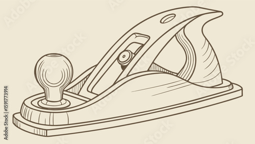 Illustration of a hand plane tool with a rounded knob and handle on a light background surface