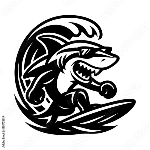 Shark mascot surfing ocean wave while wearing cool sunglasses vector