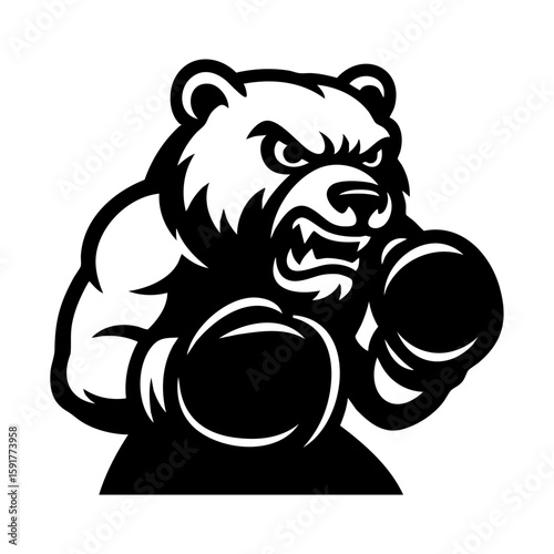 Angry bear mascot wearing boxing gloves in powerful vector logo style