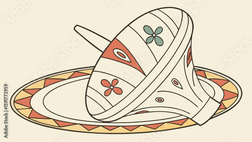 Stylized teacup and saucer with floral and geometric patterns on a cream colored background scene