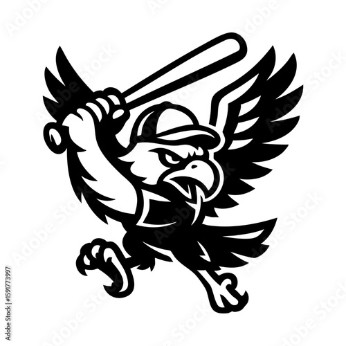 Aggressive eagle baseball mascot with bat and cap in flying motion