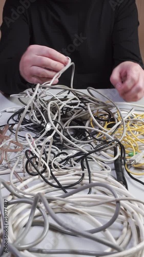 A man trying to untangle a lot of different wires. Tangled wires and cables on table