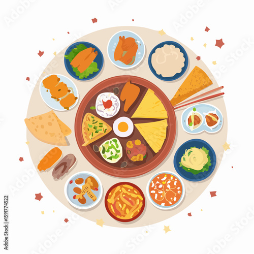 A colorful illustrated feast of various Asian dishes arranged around a central platter with rice and an egg.
