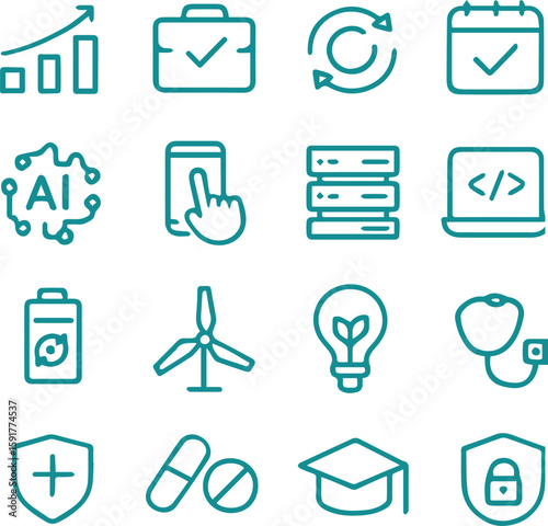 Minimal Line Web Icons – Business, Technology, Energy, Medical, Education, Security, AI – Black Outline on White Background, Generative ai