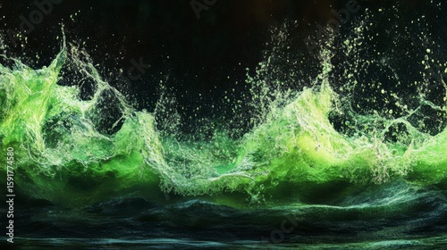 Fototapeta Naklejka Na Ścianę i Meble -  Abstract green wave splash on black background.