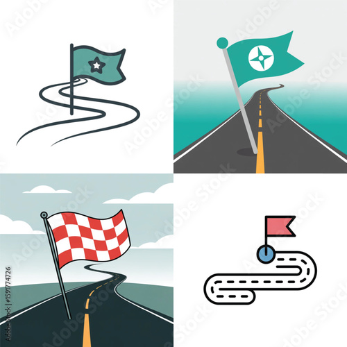Abstract illustrations of flags on winding roads and backgrounds  