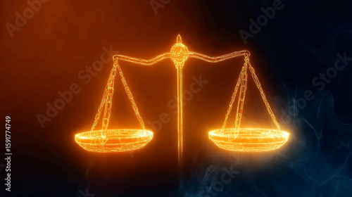 Stunning digital illustration of scales of justice, rendered in a glowing, wireframe style against a moody, smoky background.