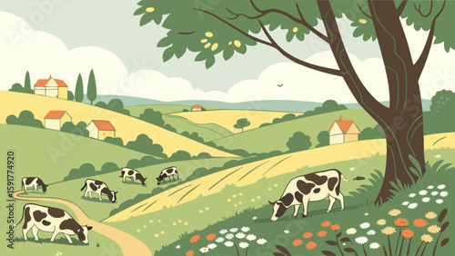 Cows grazing on a green hillside with houses and a tree in a rural landscape illustration art