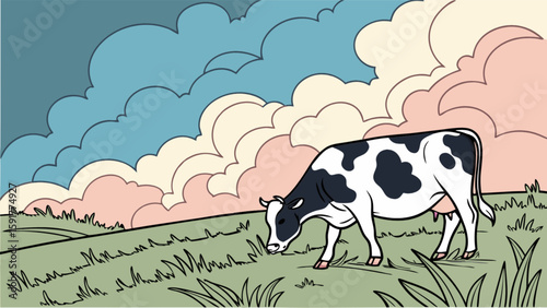Black and white cow grazes in a field with a cloudy sky during a colorful sunset scene view