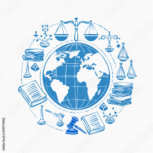 An illustration of global justice and legal concepts, featuring a stylized Earth surrounded by symbols of law, books, and balance scales.