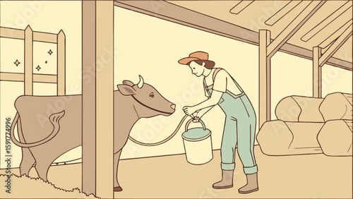 A farmer in overalls and hat holds a bucket near a cow inside a barn with hay bales stacked up