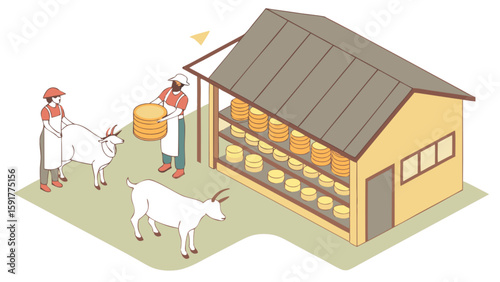 Illustration of men with goats near a cheese storage building filled with cheese wheels on shelves