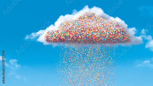 A cloud raining tiny, colorful candies.	A single, fluffy white cloud floats in the sky, and instead of rain, it is showering down a stream of tiny, colorful candies like sprinkles.
