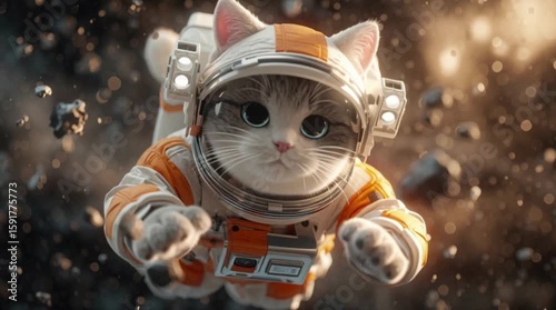 A cute gray and white cat wearing a spacesuit floats in space surrounded by glittering particles