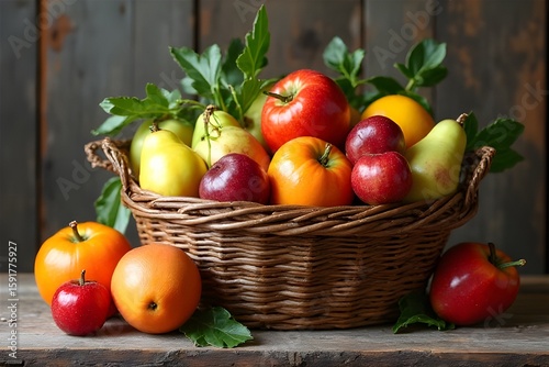 Mixed fruits in a wicker basket inside an old house
