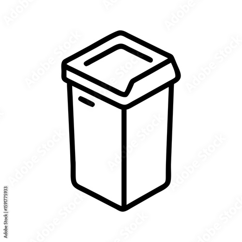 A rectangular trash bin icon in isometric view. Represents disposal, cleanliness, environment, or waste management.