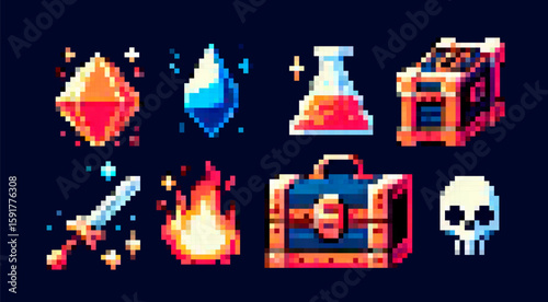 Pixel art vector illustration in retro game style, featuring RPG fantasy items: crystals, potion, chest, sword, fire, and skull. Bright red, blue, orange colors with geometric pixel shapes.