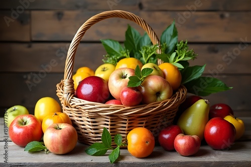 Mixed fruits in a wicker basket inside an old house