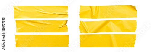 Collection set of Bright yellow paper ribbon or tape strip with torn rough edges isolated on transparent background
