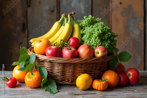 Mixed fruits in a wicker basket inside an old house