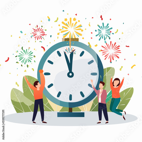 Three people celebrating New Year's Eve with arms raised in front of a large clock striking midnight, surrounded by colorful confetti and fireworks.