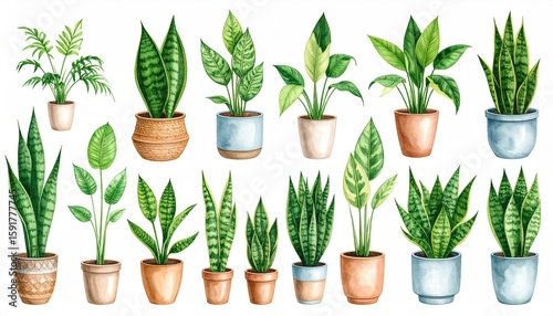Watercolor illustration of various houseplants in pots