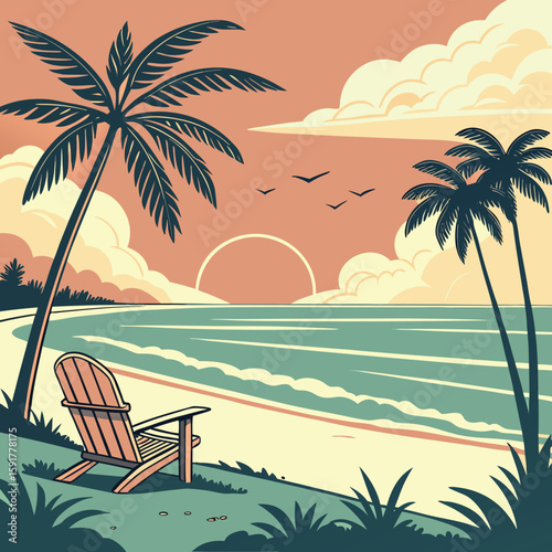 Tranquil Sunset Beach Scene with Palm Trees and Chair