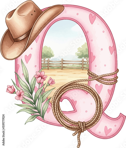 Pink Western Letter Q with Cowboy Hat, Rope & Ranch Background