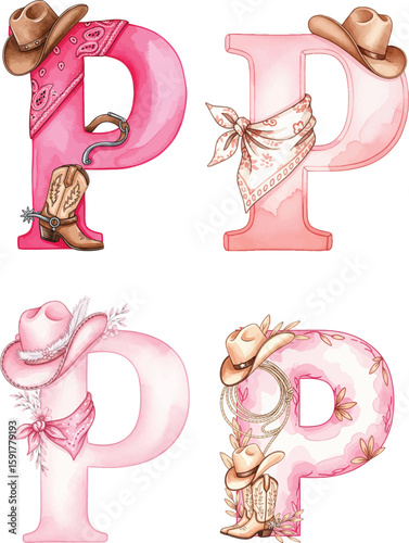 Pink Western Alphabet "P" - Country Style Lettering with Cowboy Accents