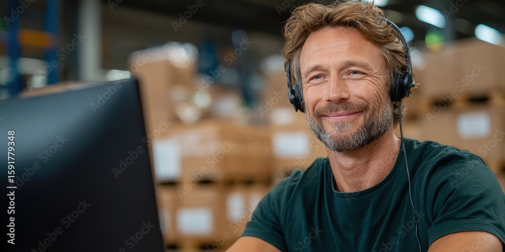 Fototapeta premium Smiling Warehouse Worker at Computer with Headphones