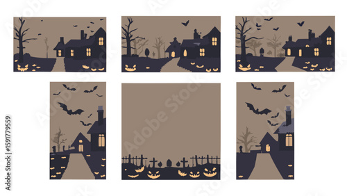 Six halloween themed images with spooky houses, bats, trees and jack o lanterns in a graveyard scene