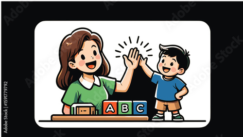 Mother and son high-five over colorful alphabet blocks, a happy cartoon illustration.