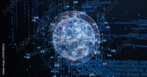 Faint blue sphere emerging in void forming radial mesh and scrolling code streams driving data flow