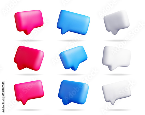 3d illustration set of glossy speech bubble. Three color variations of message icon for online communication. Online chat and dialogue graphic design element.