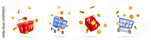 3d image of shopping baskets and carts with golden coins falling. Online shopping, retail, and discount concept for business promo.