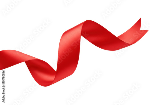 A vibrant red satin ribbon, glossy and smooth, elegantly flowing and curving in a sinuous wavy shape, isolated against a pristine plain white background with diffused studio light and no shadows,