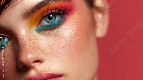 Ethereal Summer Makeup with Orange and green Eyeshadow, Blue Eyes and Natural Freckles, A professional makeup collage highlighting various makeup details.

