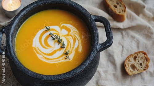 pumpkin soup in black cauldron bowl with cream swirl