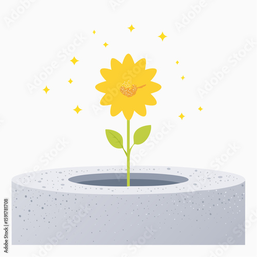 A whimsical yellow flower sprouts from a hole, glowing softly with magical sparkles.