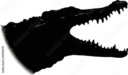 A powerful silhouette of an alligator's head, jaws agape, showcasing sharp teeth and textured skin.