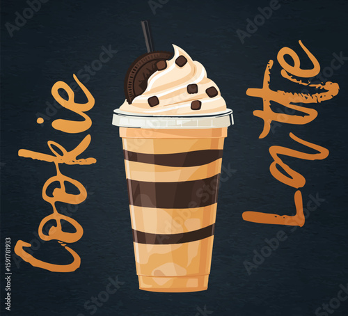 Cartoon Cookie Latte Illustration Perfect for Menus and Marketing. Charming vector icon of a delicious iced cookie latte topped with whipped cream and a whole chocolate chip cookie.