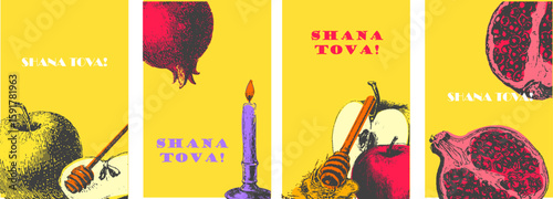 Rosh Hashanah set with apple, honey, pomegranate, candle on yellow background. Celebration vector illustration with holiday symbols.