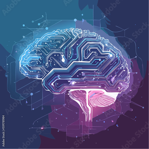 A stylized illustration of a brain overlaid with circuit board patterns, suggesting artificial intelligence or technological enhancement of the mind.