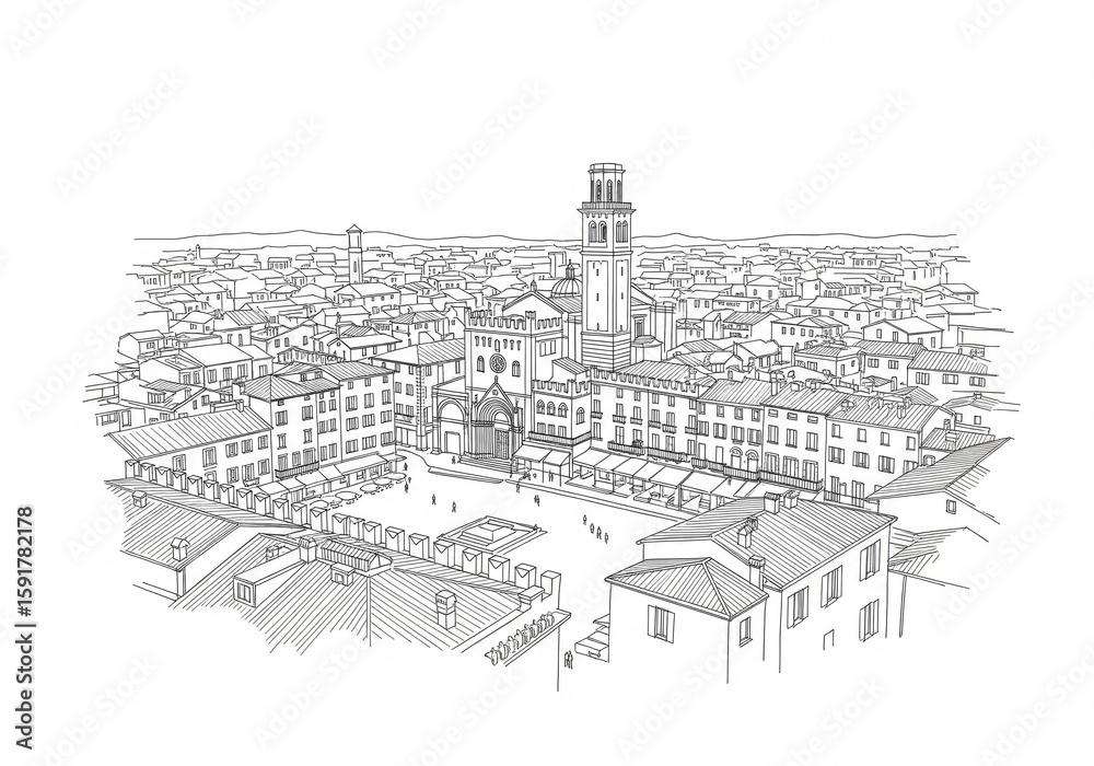 Fototapeta premium Piazza delle Erbe in Verona one line drawing style