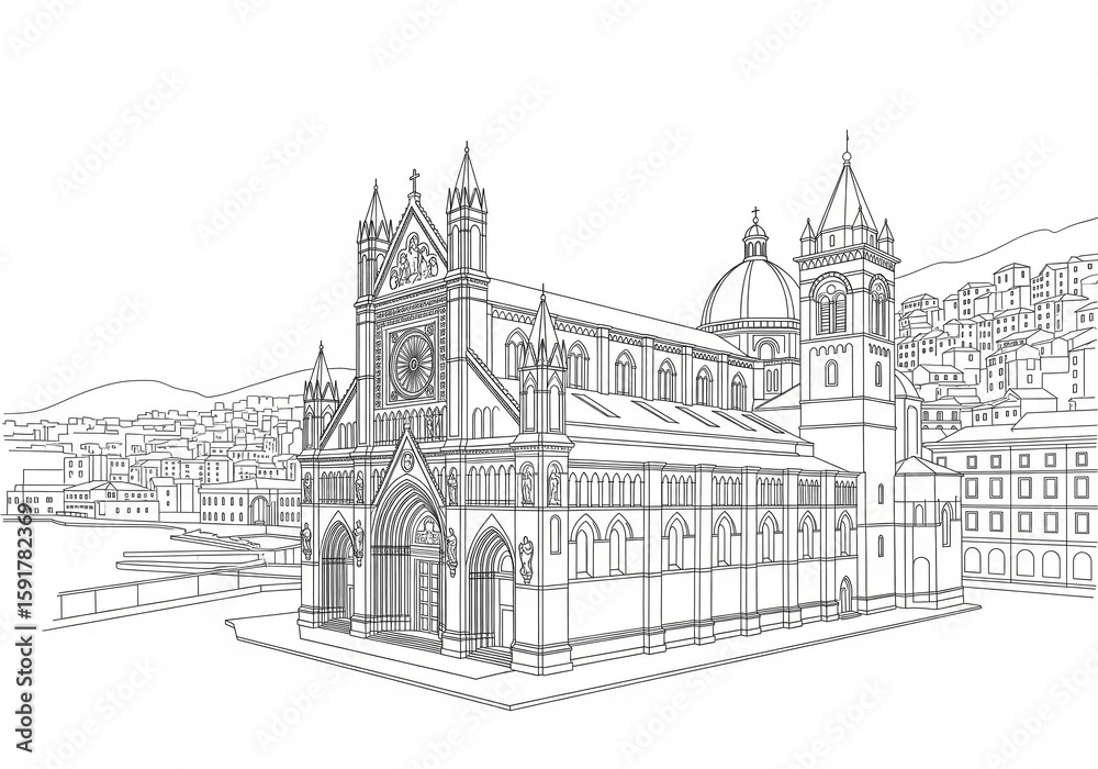 Obraz premium Cattedrale di San Lorenzo in Genova one line drawing style