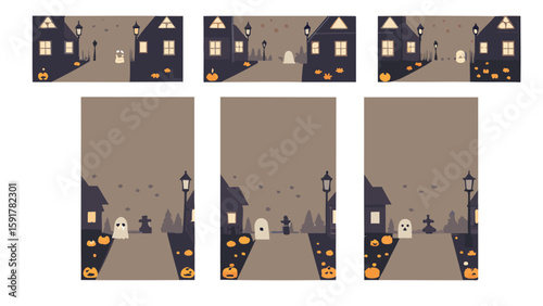 Animated halloween scenes featuring ghosts pumpkins and houses on a spooky street at nighttime